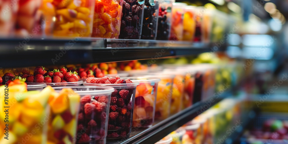 A selection of pre packed fruit containers on display, featuring strawberries, raspberries, and diced mango, ideal for grocery or healthy lifestyle imagery.