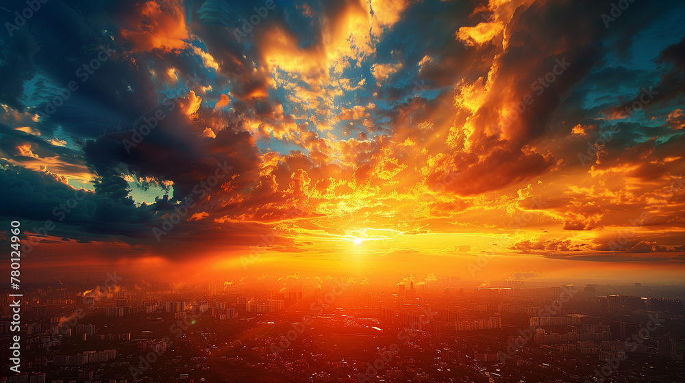 A beautiful sunset over a city with a few clouds in the sky. AI.