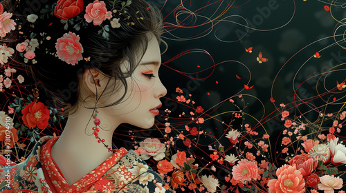 Amidst a garden blooming with wisdom, an Oiran girl's portrait exudes an aura of intellectual grace, seamlessly merging tradition with the pursuit of higher learning-2