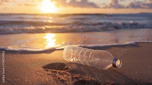 Plastic bottle on the beach with sea waves, environmental preservation concept.