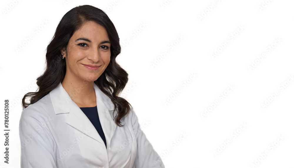 A brunette doctor stands against a pure white backdrop, her professional attire a testament to her dedication. Her wavy hair and confident stance speak volumes about her commitment to healthcare. A brunette doctor stands against a pure white backdrop, her professional attire a testament to her dedication. Her wavy hair and confident stance speak volumes about her commitment to healthcare.