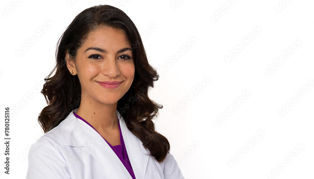 A brunette doctor, poised and professional, stands against a pure white backdrop. Her white coat and purple shirt, symbols of her medical profession, stand out in the uncluttered setting. A brunette doctor, poised and professional, stands against a pure white backdrop. Her white coat and purple shirt, symbols of her medical profession, stand out in the uncluttered setting.