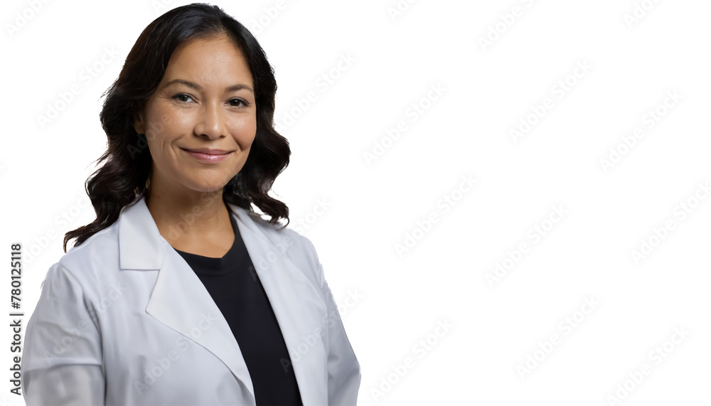 Against a white backdrop, a brunette doctor stands in her white coat. Her black top and curly hair add a touch of personality to her professional demeanor Against a white backdrop, a brunette doctor stands in her white coat. Her black top and curly hair add a touch of personality to her professional demeanor