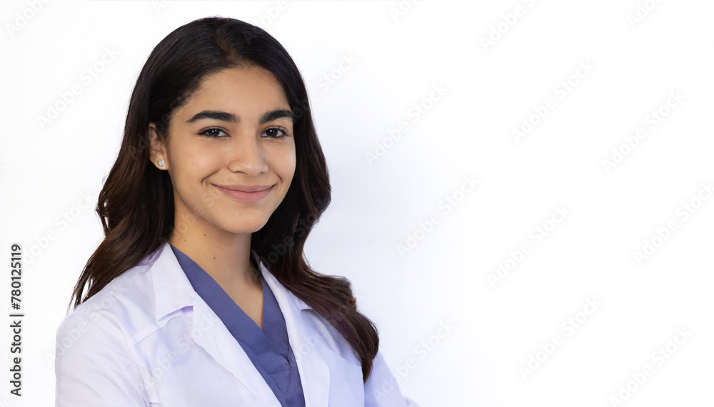 Against the stark white backdrop of a studio, a brunette doctor stands with assurance. Her white coat and dark tie, captured in this professional photograph, speak volumes about her medical expertise. Against the stark white backdrop of a studio, a brunette doctor stands with assurance. Her white coat and dark tie, captured in this professional photograph, speak volumes about her medical expertise.