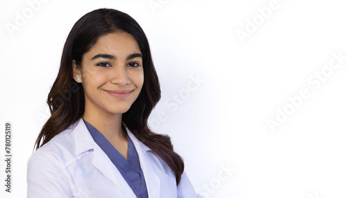 Against the stark white backdrop of a studio, a brunette doctor stands with assurance. Her white coat and dark tie, captured in this professional photograph, speak volumes about her medical expertise.