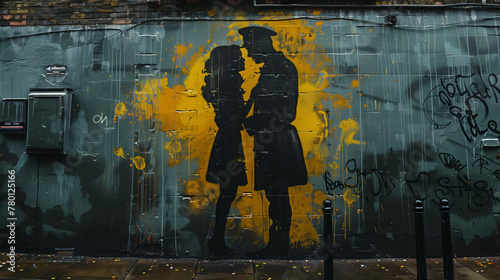 Evoking a sense of nostalgia, a stencil painting on a city wall depicts a vintage couple sharing a tender embrace-2