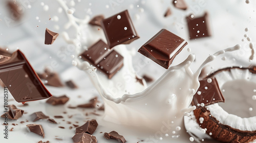 Wallpaper Mural Coconut, chocolate and coconut milk floating in the air, milk splashing, light background. Delicious and fresh coco and choco tropical background. Torontodigital.ca