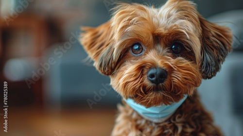 Yorkshire Terrier with a bandage on his neck in a cafe