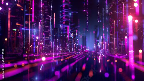 Abstract technology background with neon light lines in a modern city setting