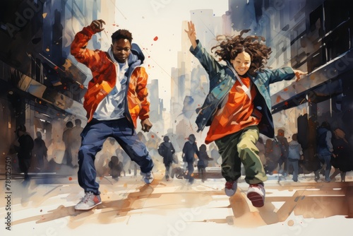 A couple of people standing in the street, showcasing their impressive dance skills with the urban environment as their backdrop