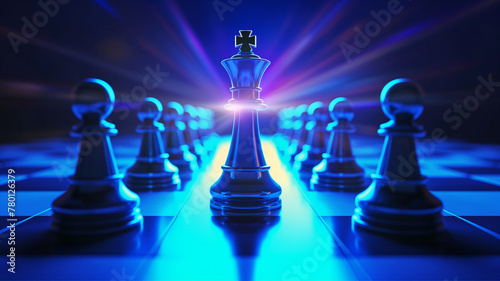 competitive advantage, strategic marketing concept, chess in blue light