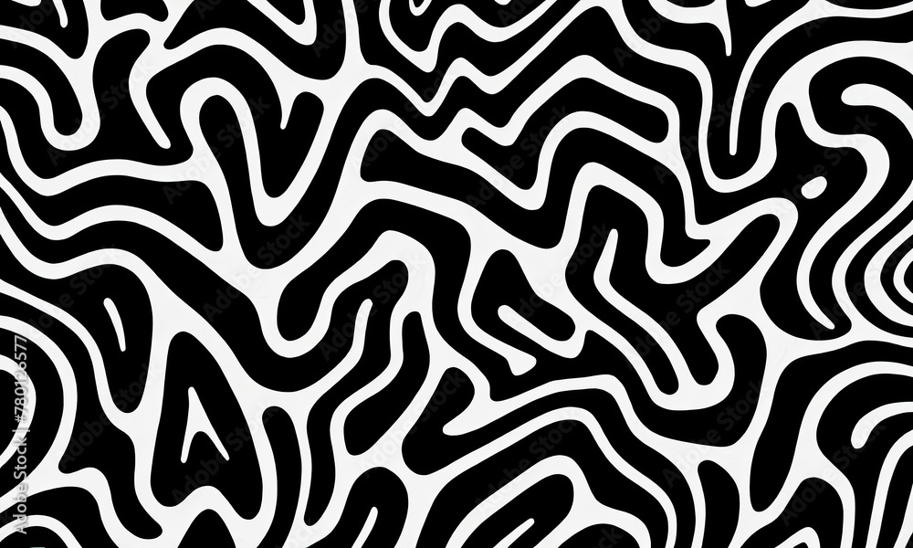 Horizontal Banner: Doodle Bold Lines, Wavy Swirls Seamless Vector Ornament