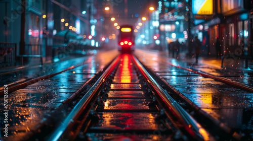 A train is on the tracks in the rain. AI. © ART IS AN EXPLOSION.