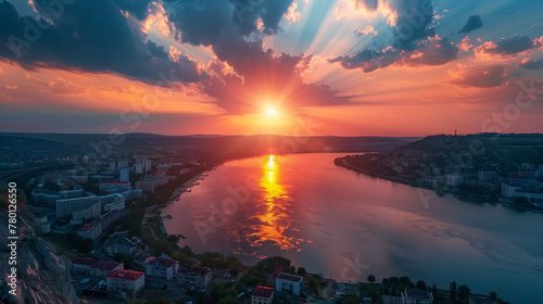 A beautiful sunset over a city with a river in the background. AI.