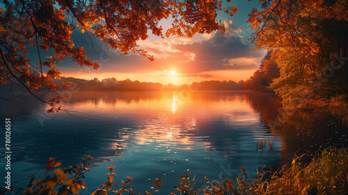 A beautiful sunset over a lake with trees in the background. AI. © ART IS AN EXPLOSION.