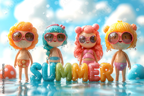 Minimalistic 3D 'SUMMER' with Cute Family Pool Party © Aouad