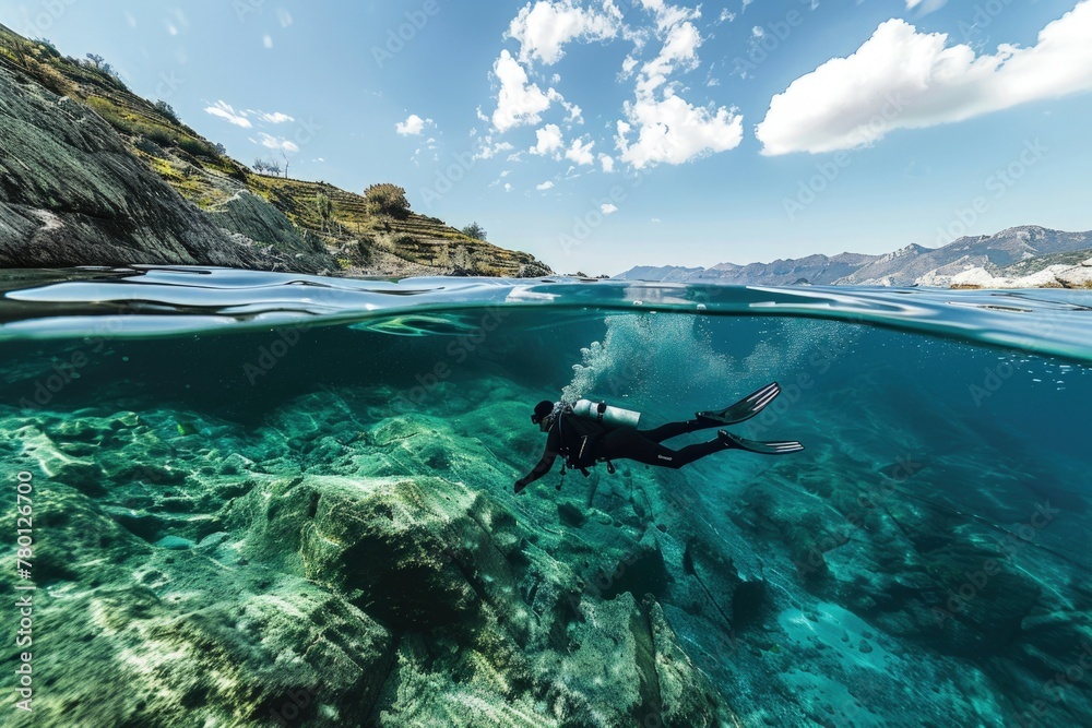 Person diving underwater, underwater landscape, diver.