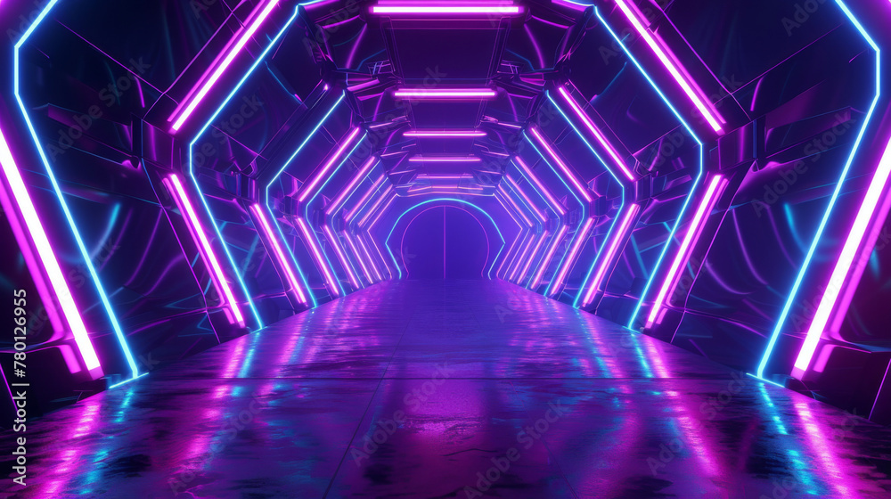 Vibrant and futuristic neon tunnel with glowing purple, pink, and blue lights, illuminated architecture, and modern abstract digital art, creating a high-tech urban virtual reality pathway
