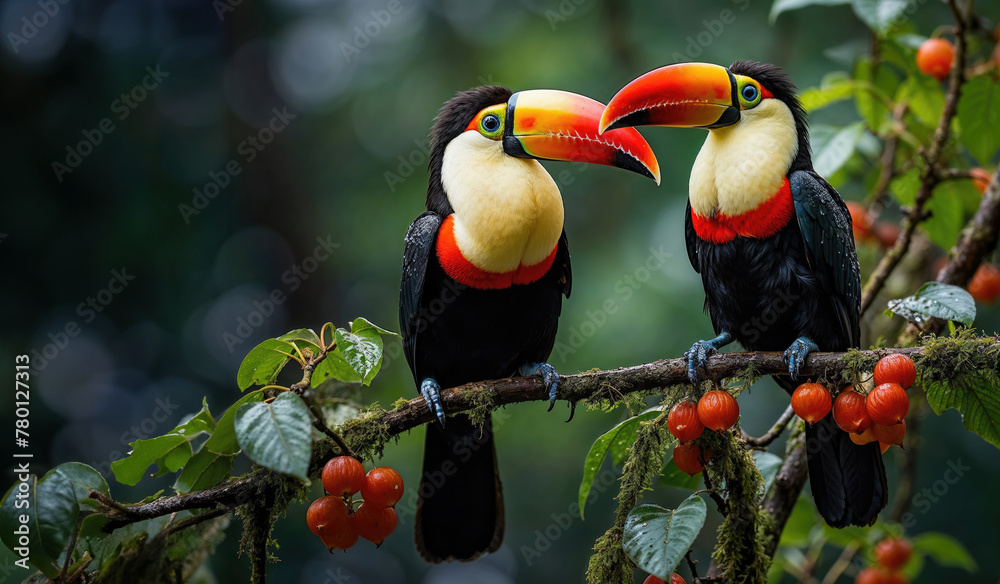 Fototapeta premium Colorful Toucans Perched on Branch in Lush Jungle