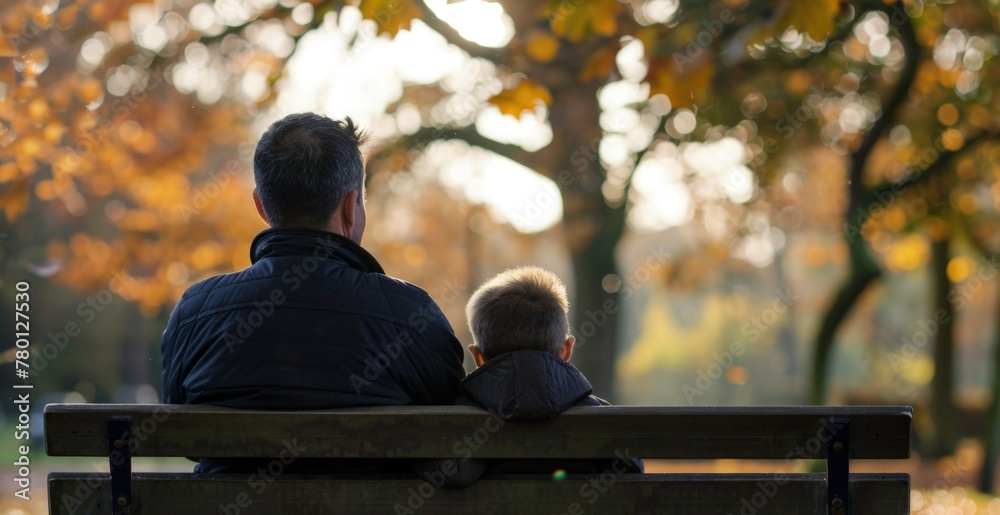 Fototapeta premium Father and son sitting on a park bench, Father's Day concept.