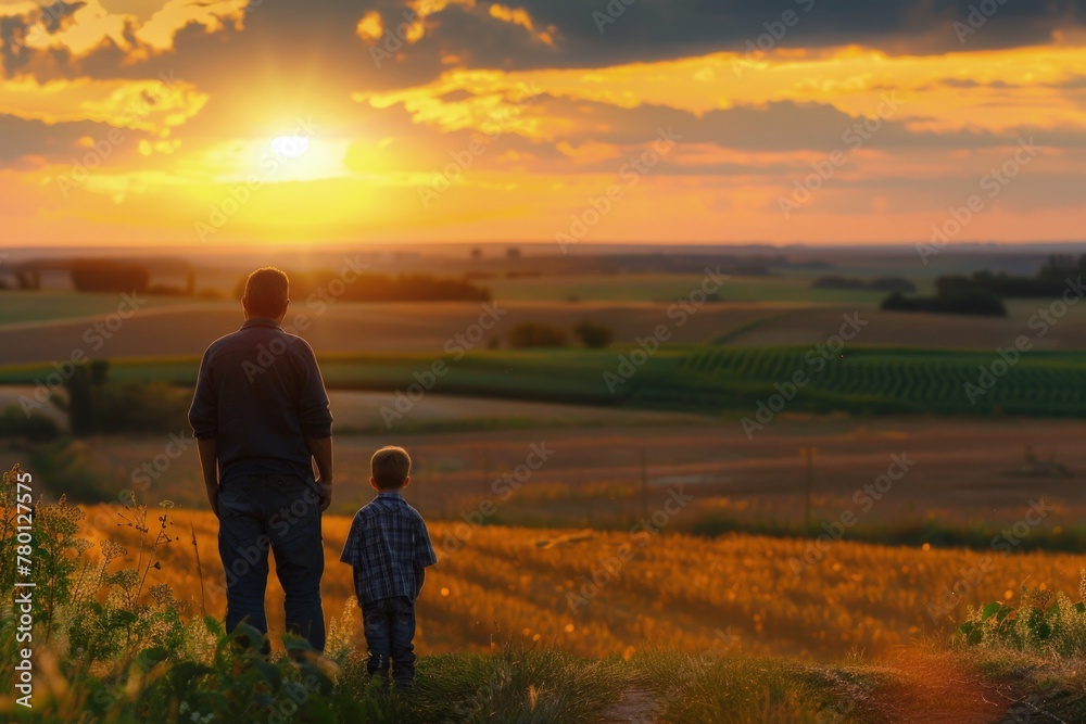 Father and son walking in a field, sunset in the background, Father's Day concept. Father and son walking in a field, sunset in the background, Father's Day concept.