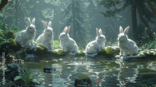 group of white rabbits in the pond with fog and tree on background