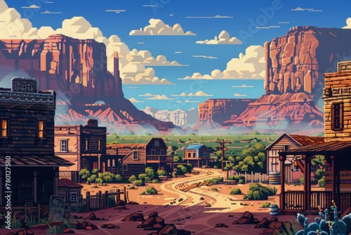 Landscape with old west city canyons in the background.