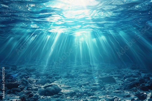 Bottom of the sea with sun reflection shining through the water.