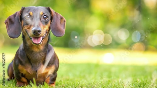 dachshund dog with short legs and sitting on the grass with a happy expression photo