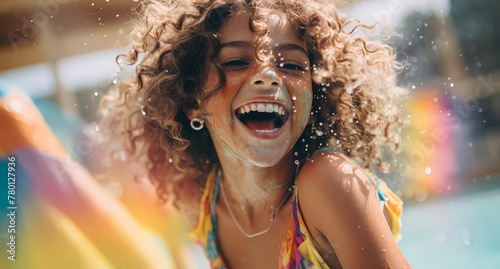 a young girl splashing in the water at an outdoor pool party