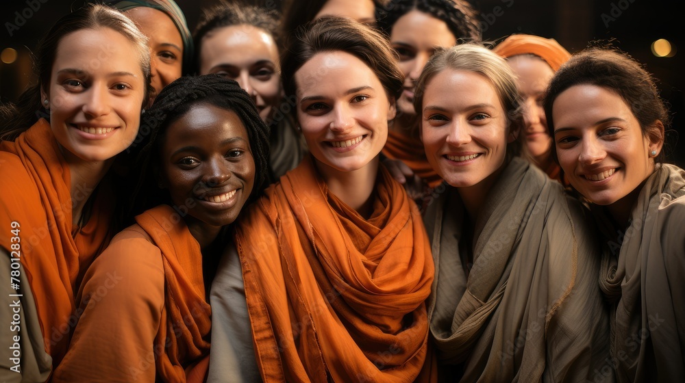 Diverse group of women share joy in earth-toned attire. Diverse group of women share joy in earth-toned attire.