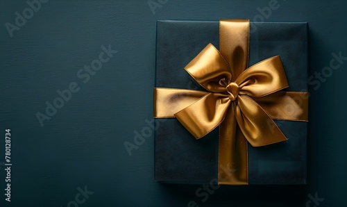 Gift box wrapped in dark wrapping paper with golden shiny ribbon bow on the dark background. Good for Christmas, Father's day, Birthday, sales. Copy space Flat lay.