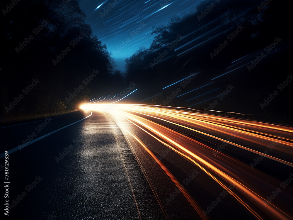 Nighttime traffic on a rural road captured in an abstract long exposure photo