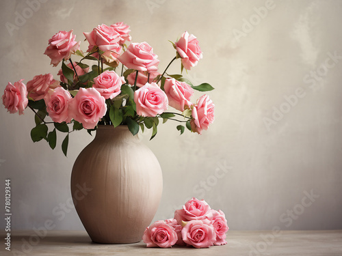 Artificial pink roses in vintage vase on a shelf against concrete wall, with space