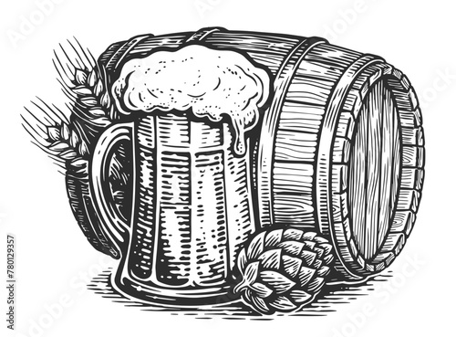 Beer in barrel and mug, sketch style. Hand drawn illustration for pub, brewery or restaurant menu © ~ Bitter ~