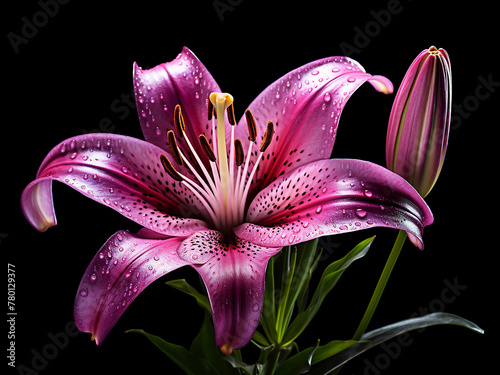 Vibrant pink lily and purple carnation flowers isolated against black background