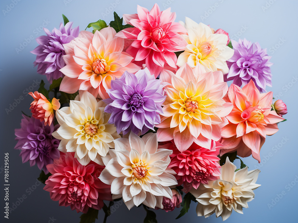 Floral background enriched with a beautiful bouquet of pastel dahlias
