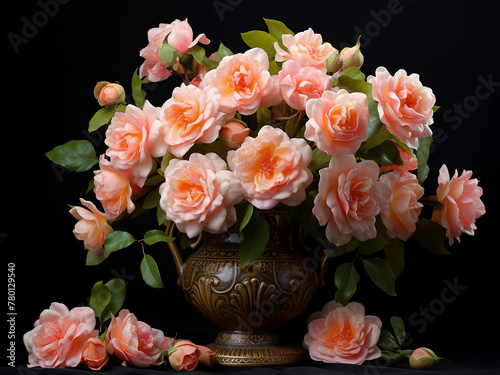 Vintage vase holds peach roses bouquet against black backdrop