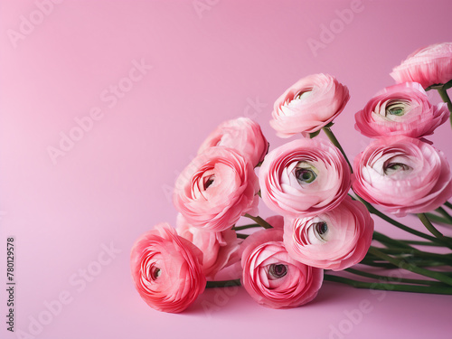 Pink ranunculus flowers and buds on pink background, ideal for text © Llama-World-studio