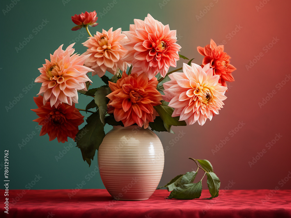 Vibrant dahlia flowers add beauty to any setting, showcased in a vase against a colored background
