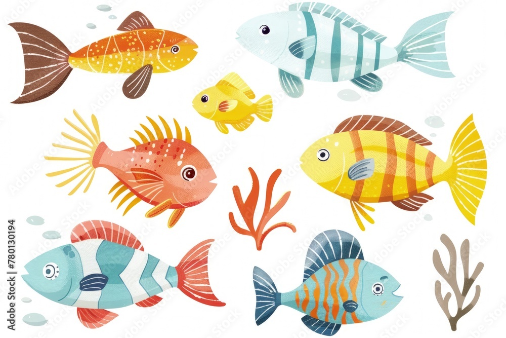 White background with several colorful fish.