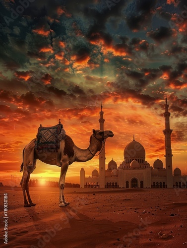 eid al adha, Camel and mosque - generative ai