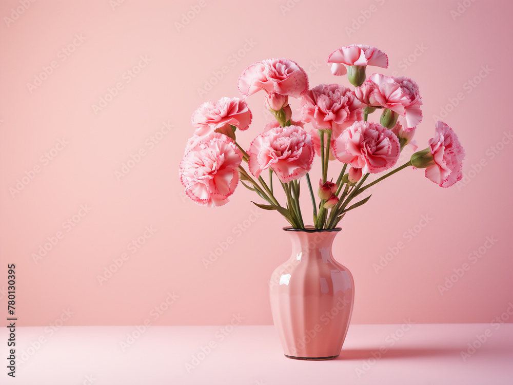 Pink carnations grace a vase against a pastel pink background, offering text space