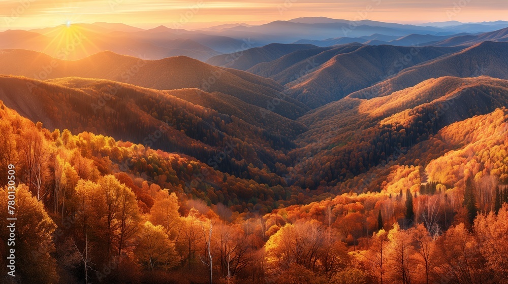 Golden Hour over the Autumn Mountains: A panoramic view of a mountain range during autumn