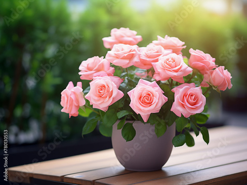 Pink roses flourish in a pot atop a wooden table, amidst a blurred garden backdrop