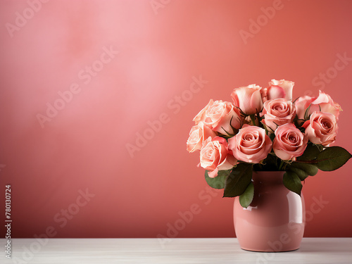 A vase of roses adds charm to a table against a colorful wall