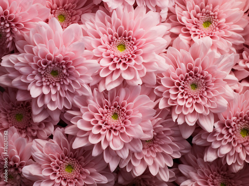 Chrysanthemums in soft pink hue decorate transparent textile in a flat lay arrangement © Llama-World-studio