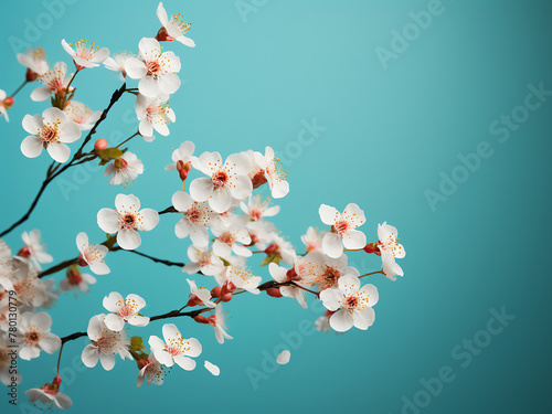 Spring flowers dance against a teal background, forming a creative floral layout