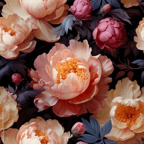 Seamless vintage pattern with colorful peonies. Vector background in oil painting Dutch still life masterpieces style.