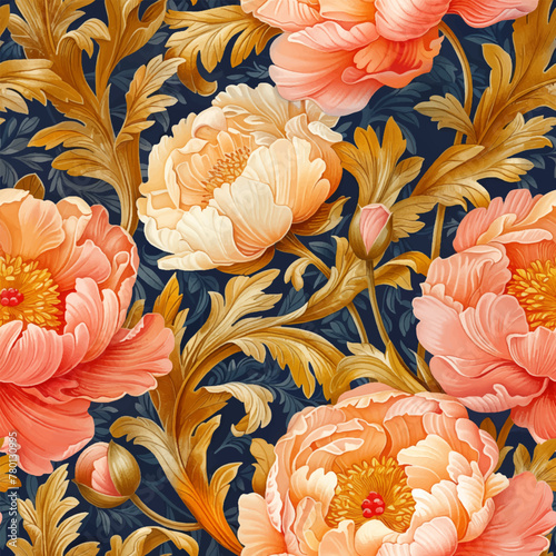 Seamless vector pattern with blooming peonies. Chic vintage background.